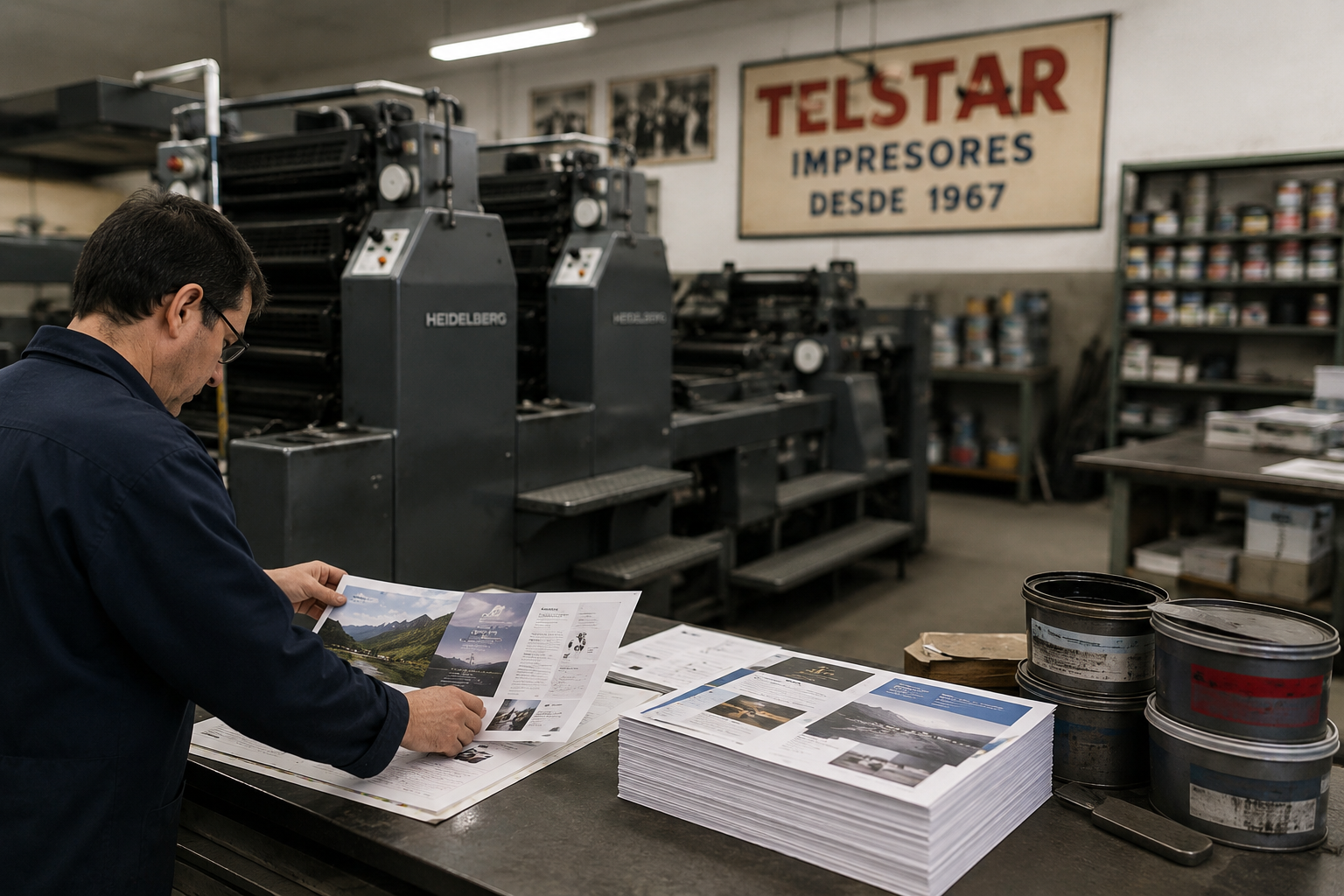 Interior del taller de Gráfica Lumino con prensas offset Heidelberg