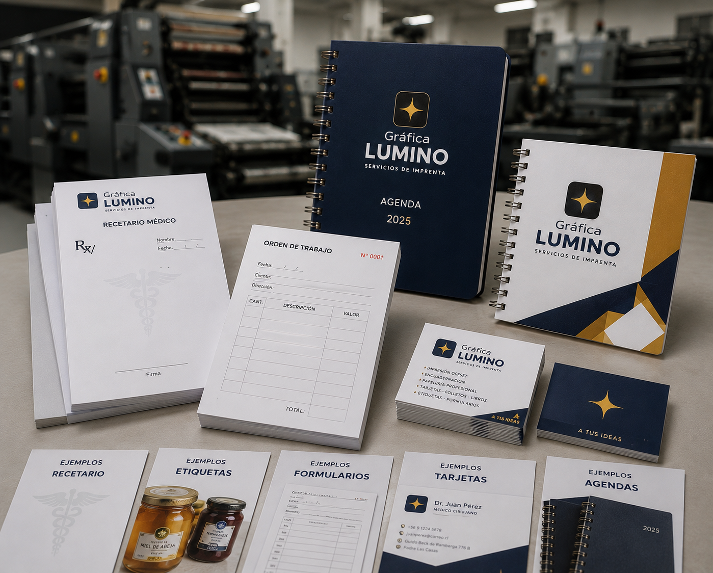 Productos impresos por Gráfica Lumino: libros, etiquetas, formularios y papelería